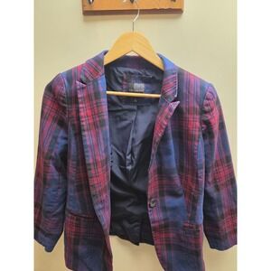 The Limited Womens Navy Blue Burgundy Plaid Cotton Blazer Jacket Size S Small